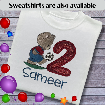 Personalised Embroidered Children's Birthday Top. Teddy Bear Footballer.