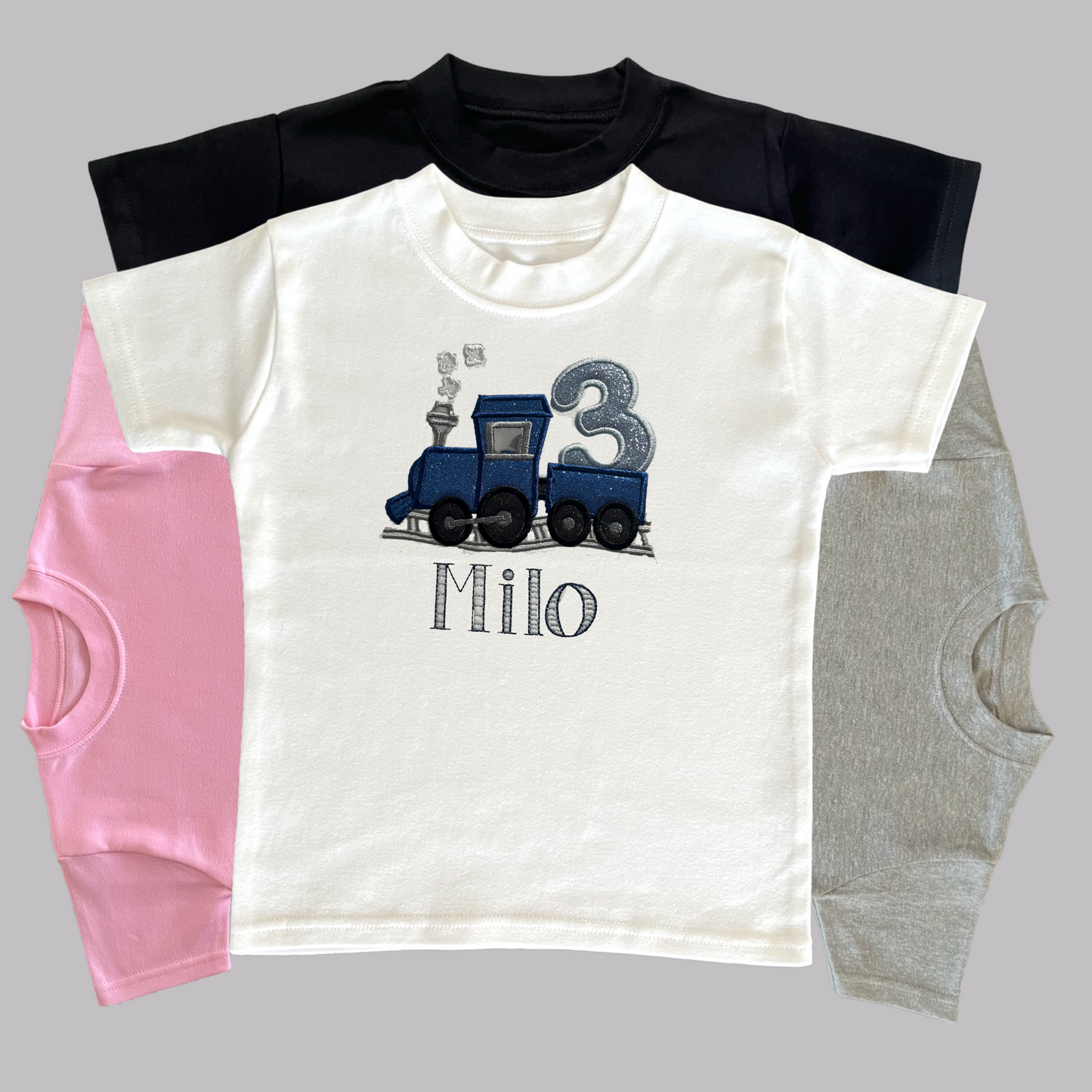 Personalised Embroidered Children's Birthday Top: Train Design