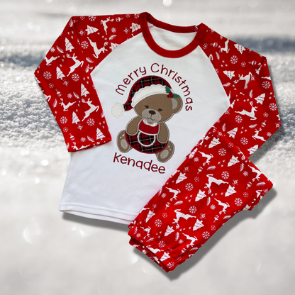 Personalised Embroidered Christmas Childrens Pyjamas and Rompersuits with a Cute Bear dressed in Tartan Merry Christmas or My 1st Christmas