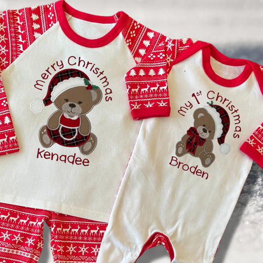 Personalised Embroidered Christmas Childrens Pyjamas and Rompersuits with a Cute Bear dressed in Tartan Merry Christmas or My 1st Christmas