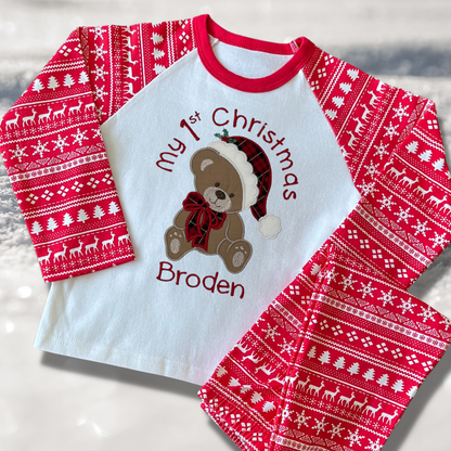 Personalised Embroidered Christmas Childrens Pyjamas and Rompersuits with a Cute Bear dressed in Tartan Merry Christmas or My 1st Christmas
