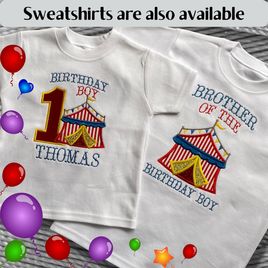 Personalised Embroidered Children's Birthday Top: Applique Circus Design.