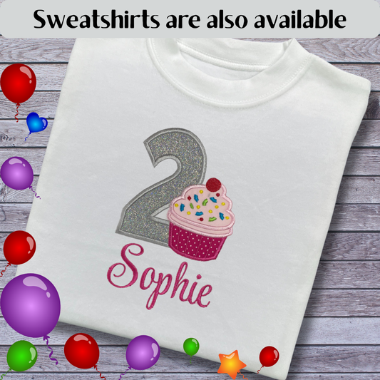 Personalised Embroidered Children's Birthday Top: Cupcake Design