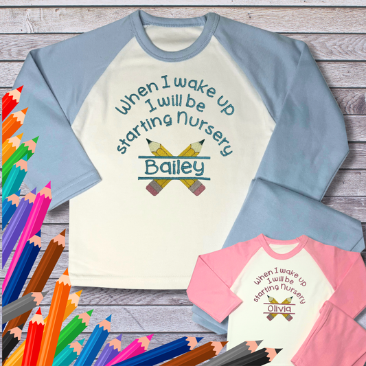 Personalised Embroidered Children's Pyjamas: Starting Nursery School Pencil Design