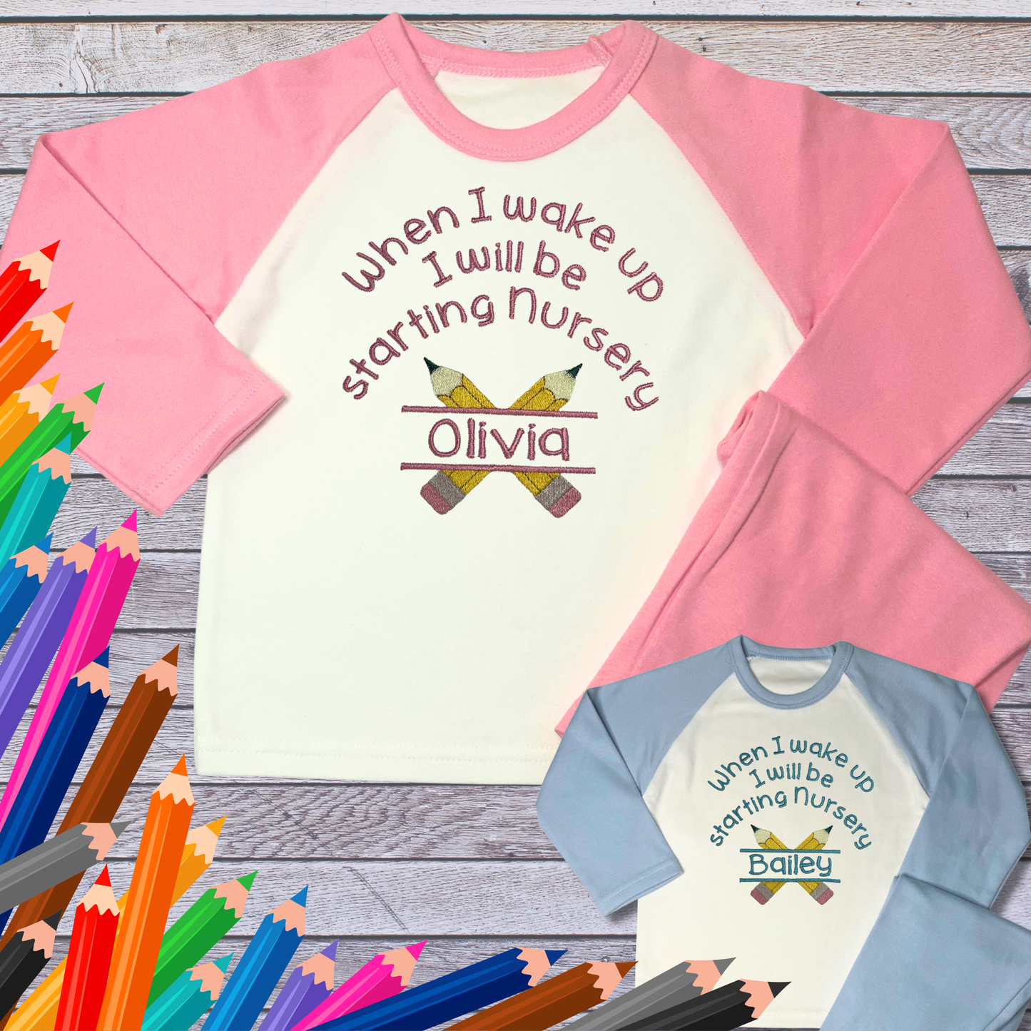Personalised Embroidered Children's Pyjamas: Going to Nursery School Pencil Design