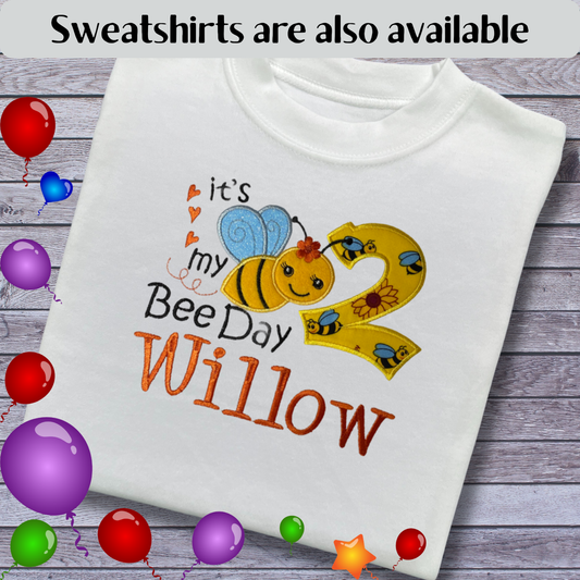 Personalised Embroidered Children's Birthday Top. 'It's my Bee Day' Design.