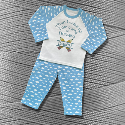 Personalised Embroidered Children's Pyjamas: Going to Nursery School Pencil Design