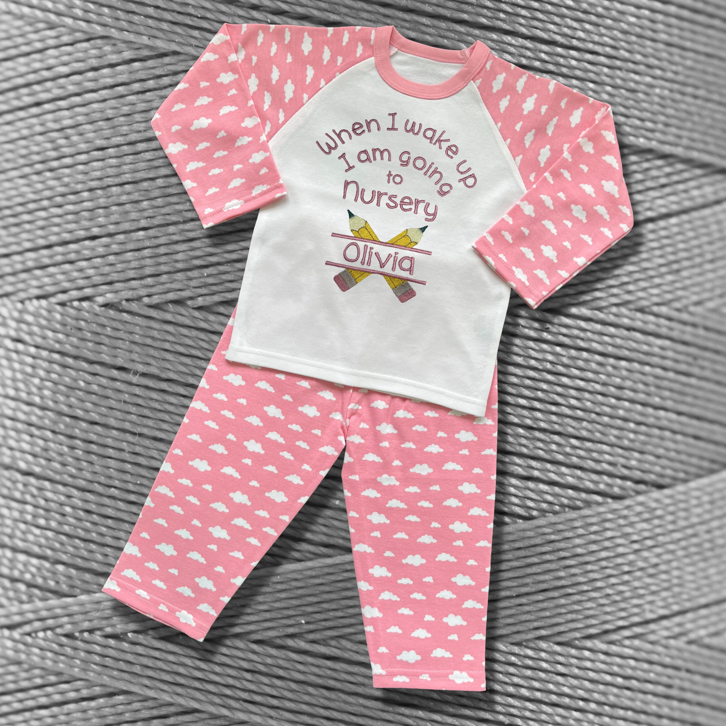 Personalised Embroidered Children's Pyjamas: Going to Nursery School Pencil Design