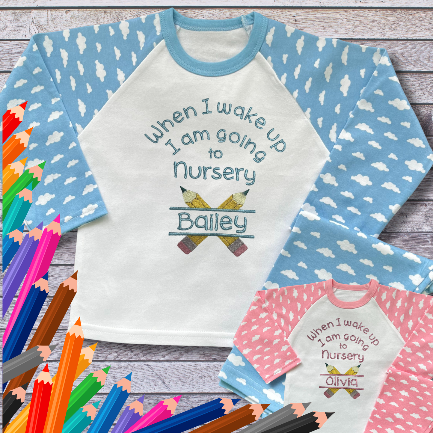 Personalised Embroidered Children's Pyjamas: Going to Nursery School Pencil Design