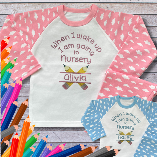 Personalised Embroidered Children's Pyjamas: Going to Nursery School Pencil Design