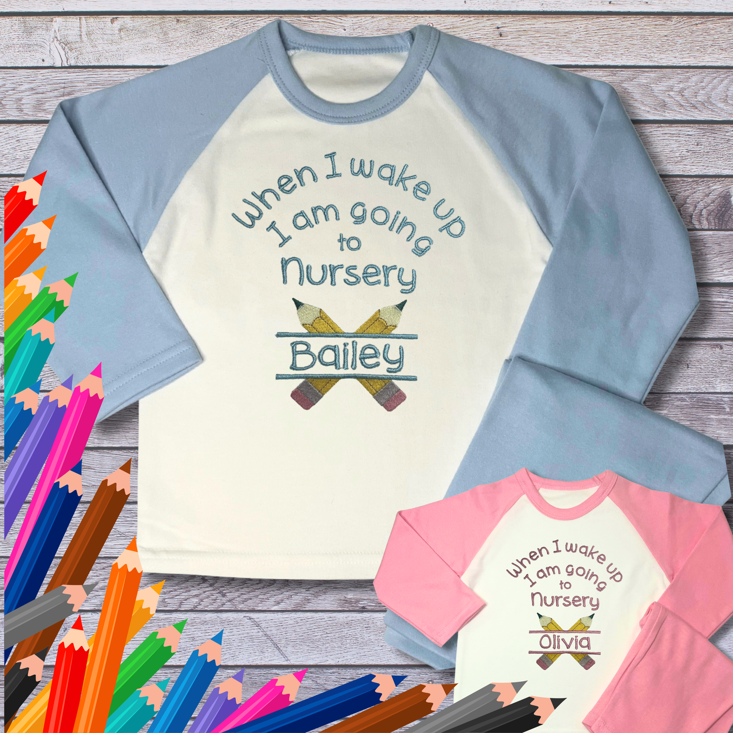 Personalised Embroidered Children's Pyjamas: Going to Nursery School Pencil Design