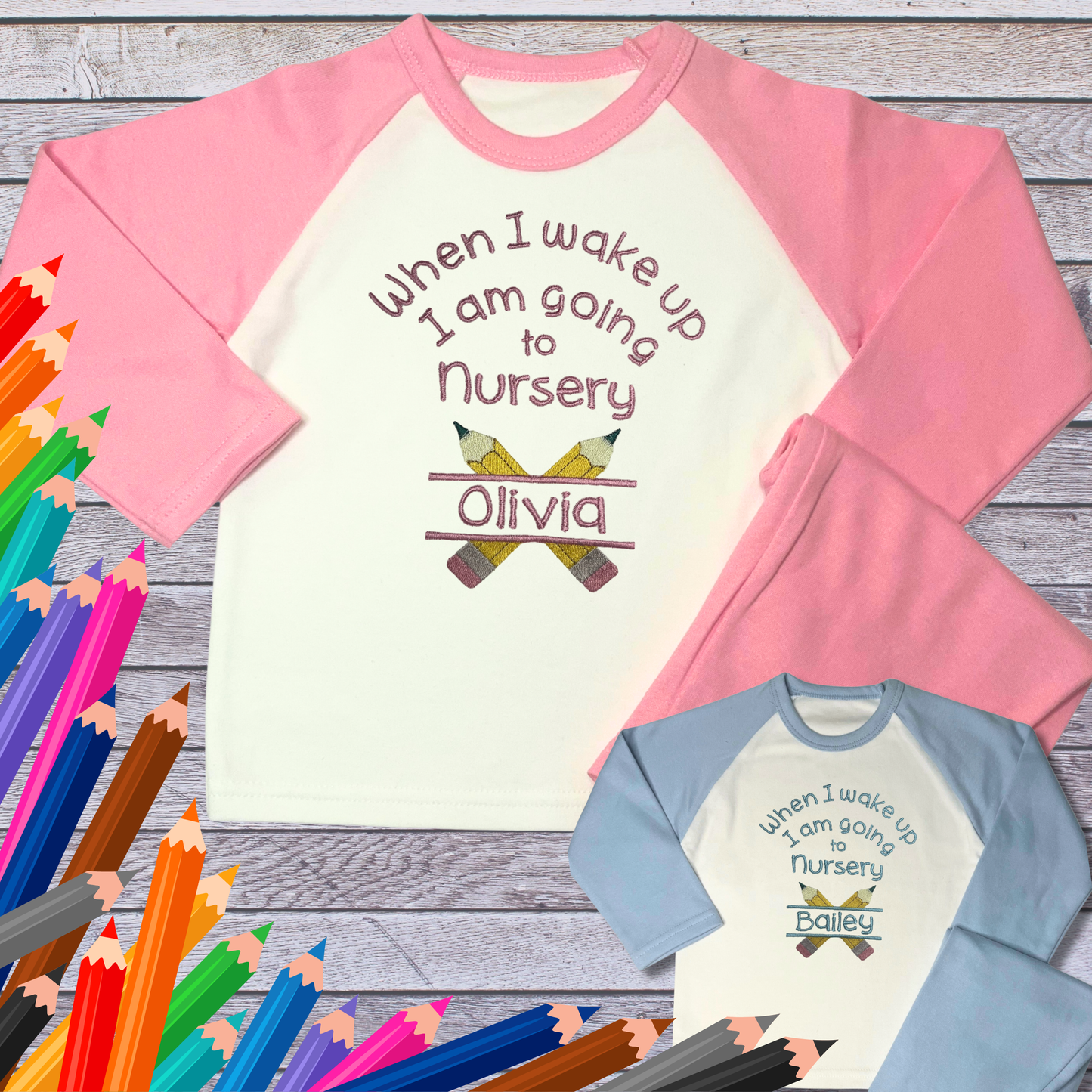 Personalised Embroidered Children's Pyjamas: Going to Nursery School Pencil Design