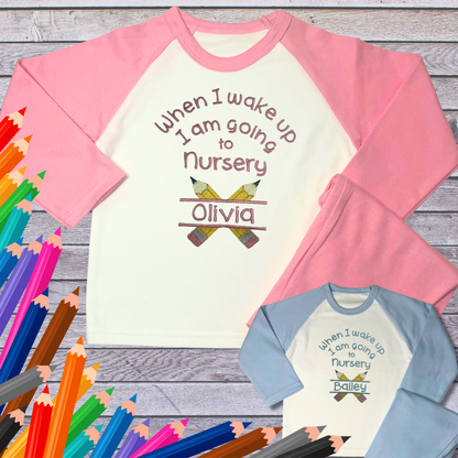 Personalised Embroidered Children's Pyjamas: Going to Nursery School Pencil Design