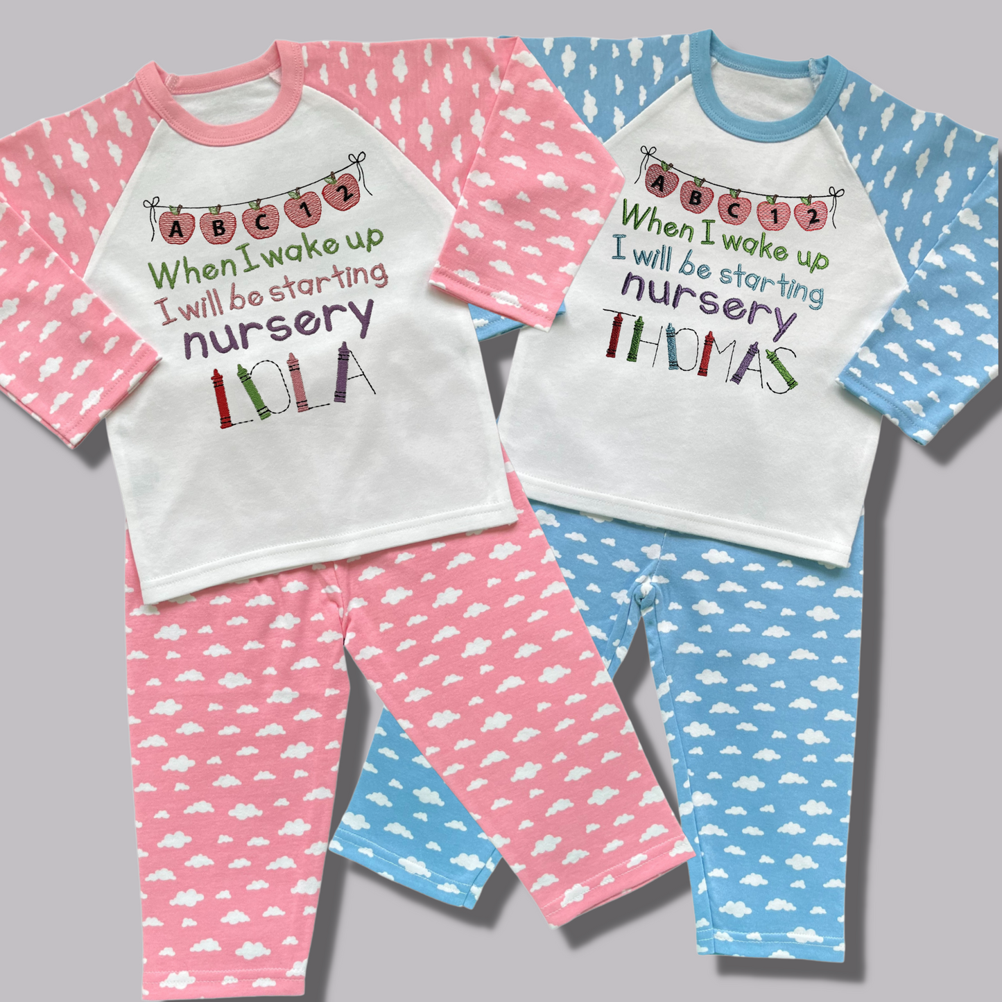 Personalised Embroidered Children's Pyjamas: Starting Nursery Apple Banner Design