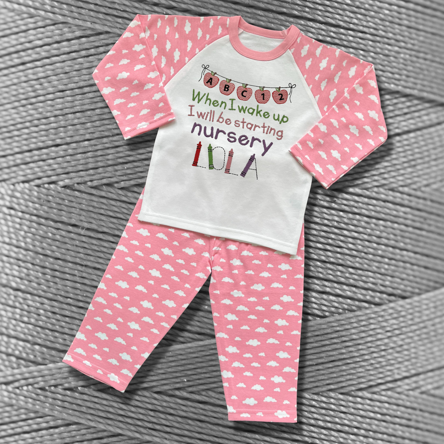 Personalised Embroidered Children's Pyjamas: Starting Nursery Apple Banner Design