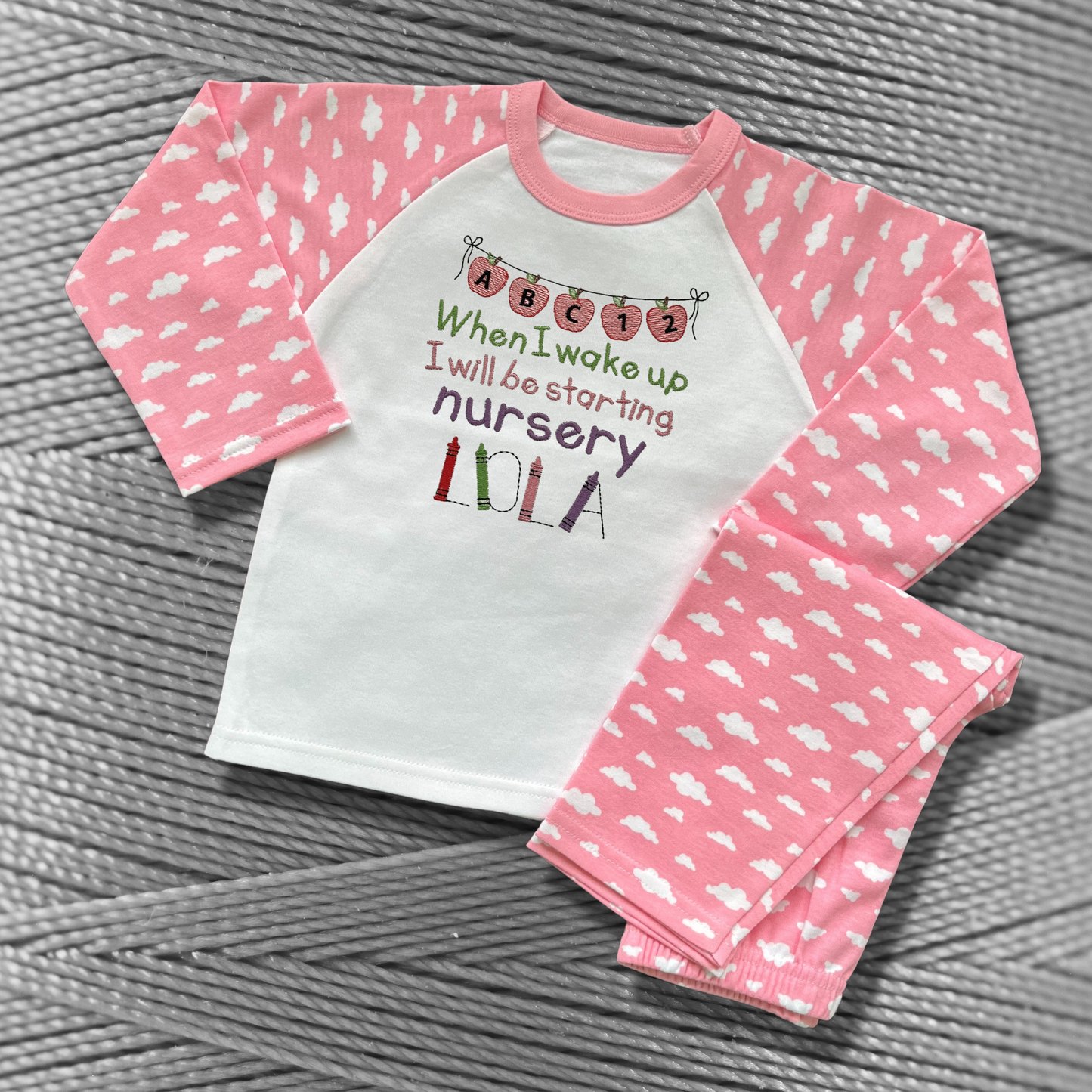 Personalised Embroidered Children's Pyjamas: Starting Nursery Apple Banner Design