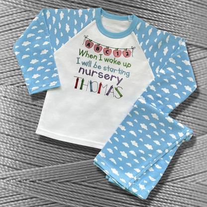 Personalised Embroidered Children's Pyjamas: Starting Nursery Apple Banner Design