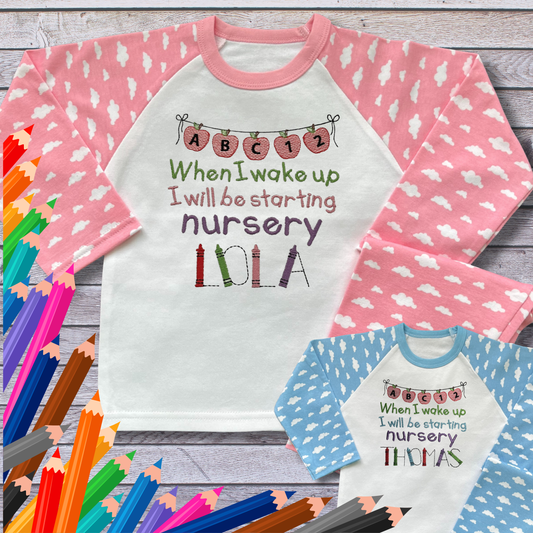 Personalised Embroidered Children's Pyjamas: Starting Nursery Apple Banner Design