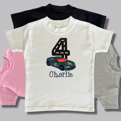 Personalised Embroidered Children's Birthday top: Racing Car Design.