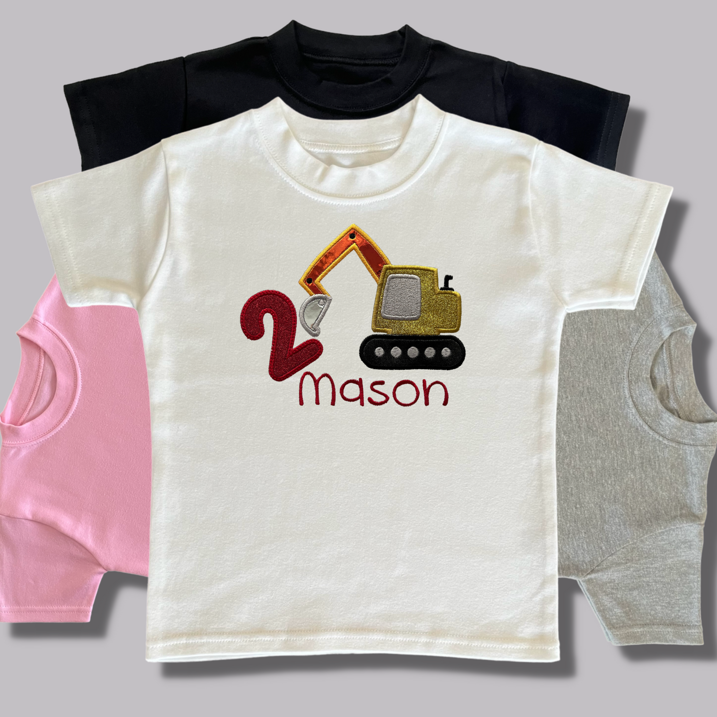 Personalised Embroidered Children's Birthday Top: Construction Vehicles Design