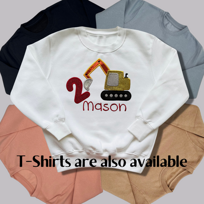 Personalised Embroidered Children's Birthday Top: Construction Vehicle Design