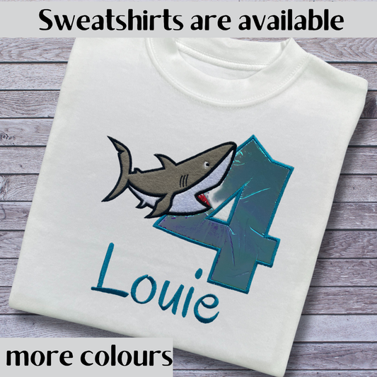 Personalised Embroidered Shark Birthday T-Shirts and Sweatshirts