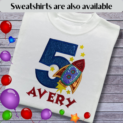 Personalised Embroidered Children's Birthday Top: Rocket Design
