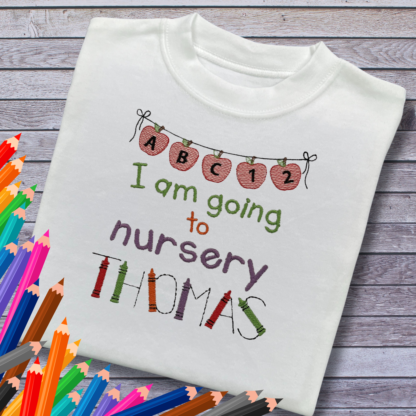Personalised Embroidered Children's 'My first day at nursery' Top. Colourful Crayon Font.