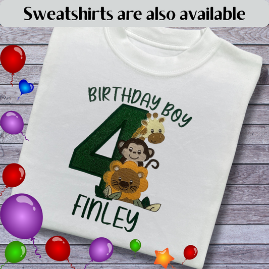 Personalised Embroidered Children's Birthday Top: Safari Animals Design