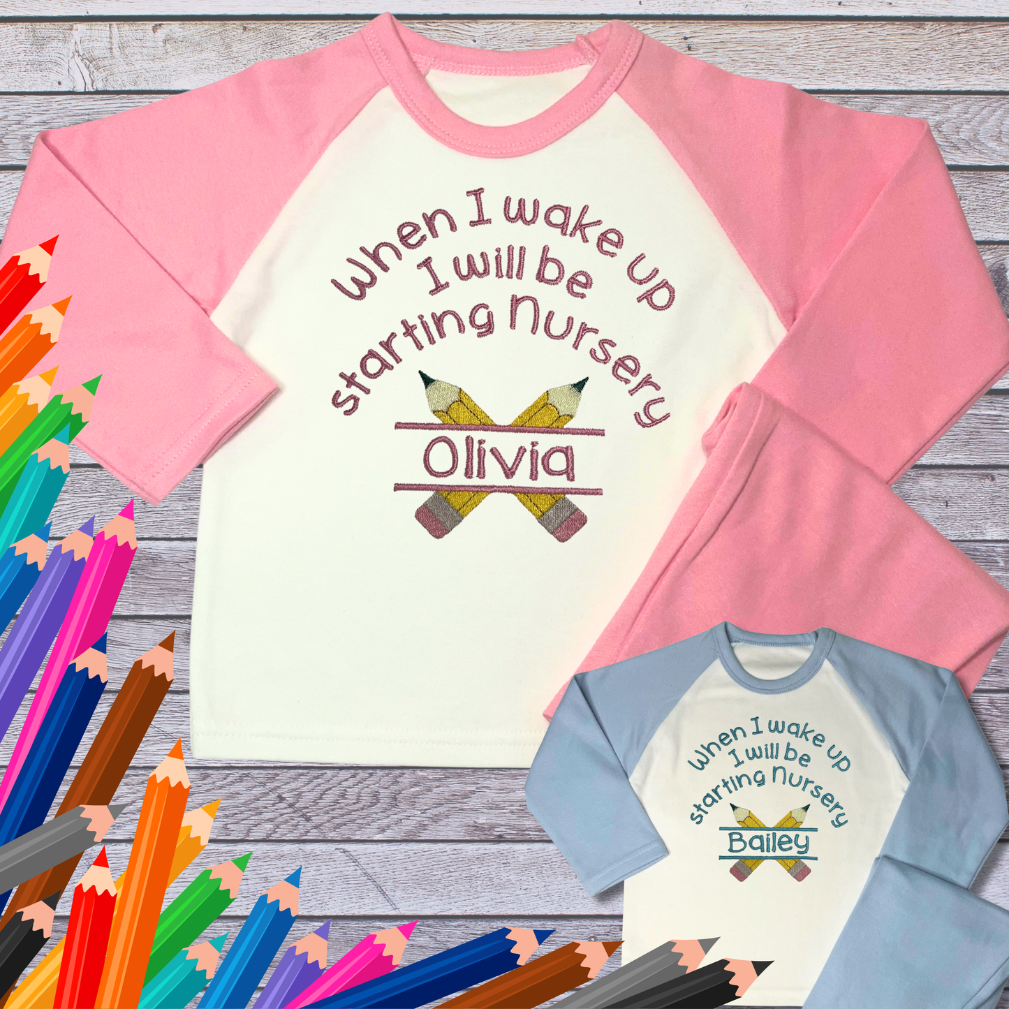 Personalised Embroidered Children's Pyjamas: Starting Nursery Apple Banner Design