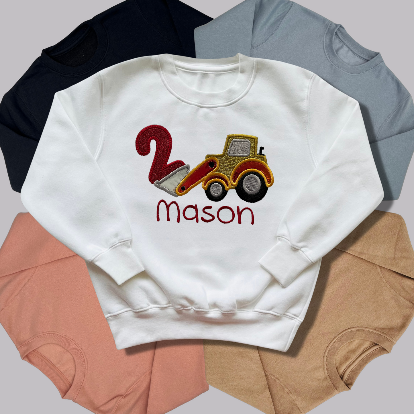Personalised Embroidered Children's Birthday Top: Construction Vehicle Design