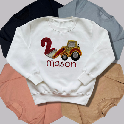 Personalised Embroidered Children's Birthday Top: Construction Vehicle Design