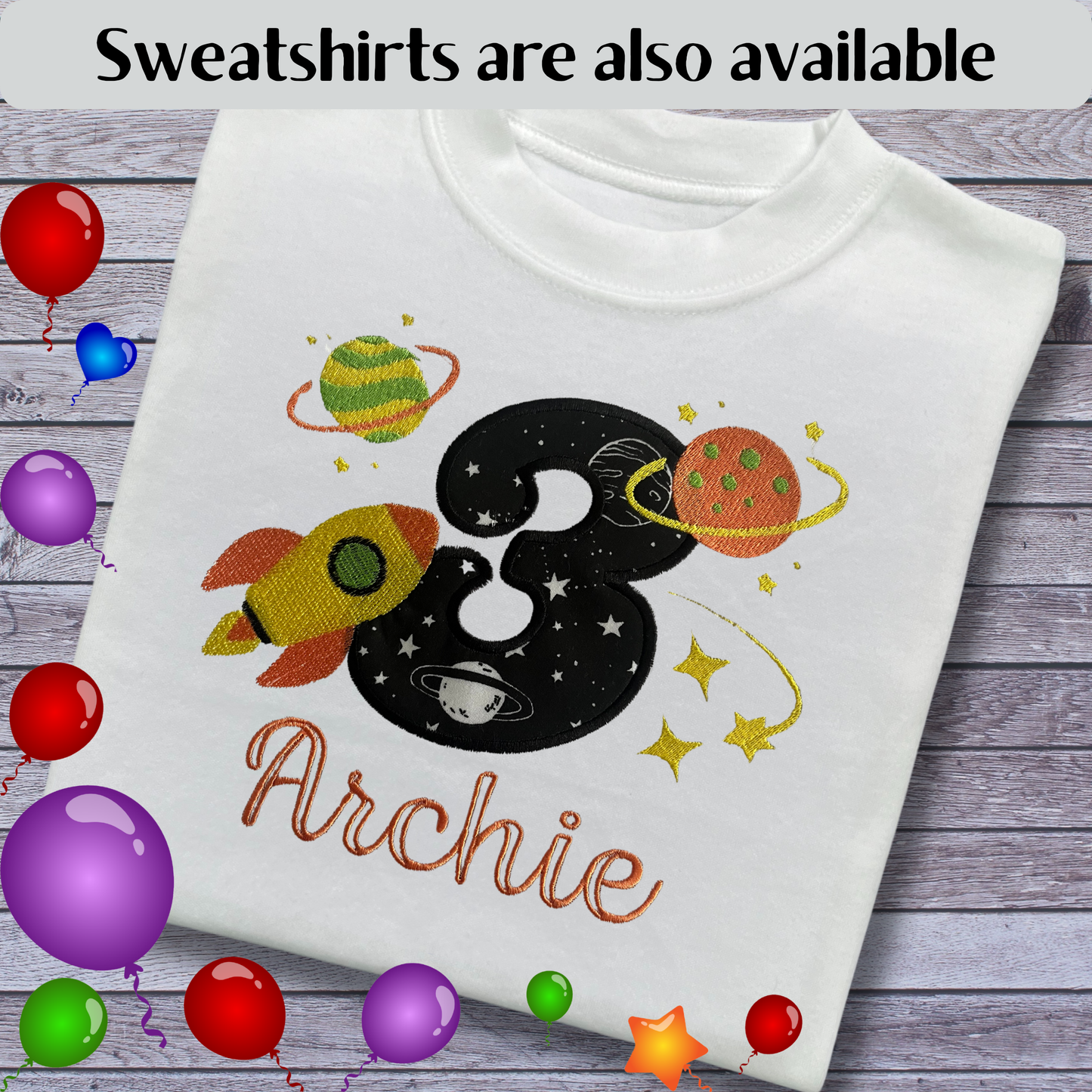 Personalised Embroidered Children's Birthday Top: Space Themed Rocket Design.