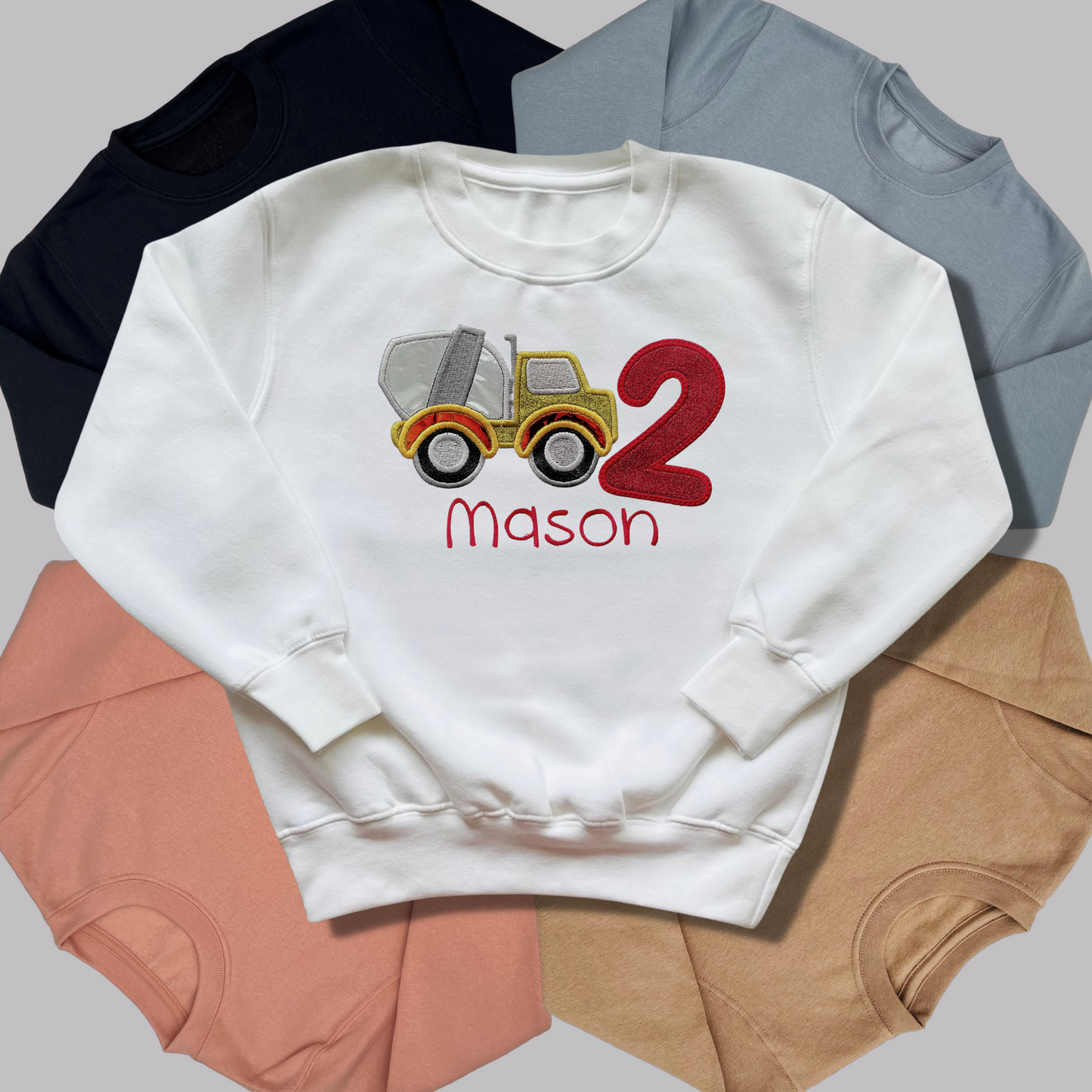 Personalised Embroidered Children's Birthday Top: Construction Vehicles Design