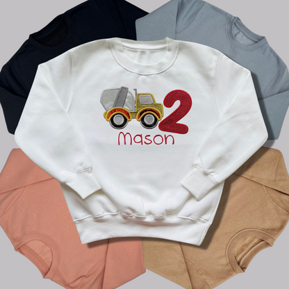 Personalised Embroidered Children's Birthday Top: Construction Vehicles Design