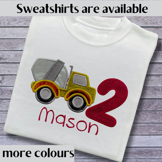 Personalised Embroidered Construction Vehicle Birthday T-Shirts and Sweatshirts
