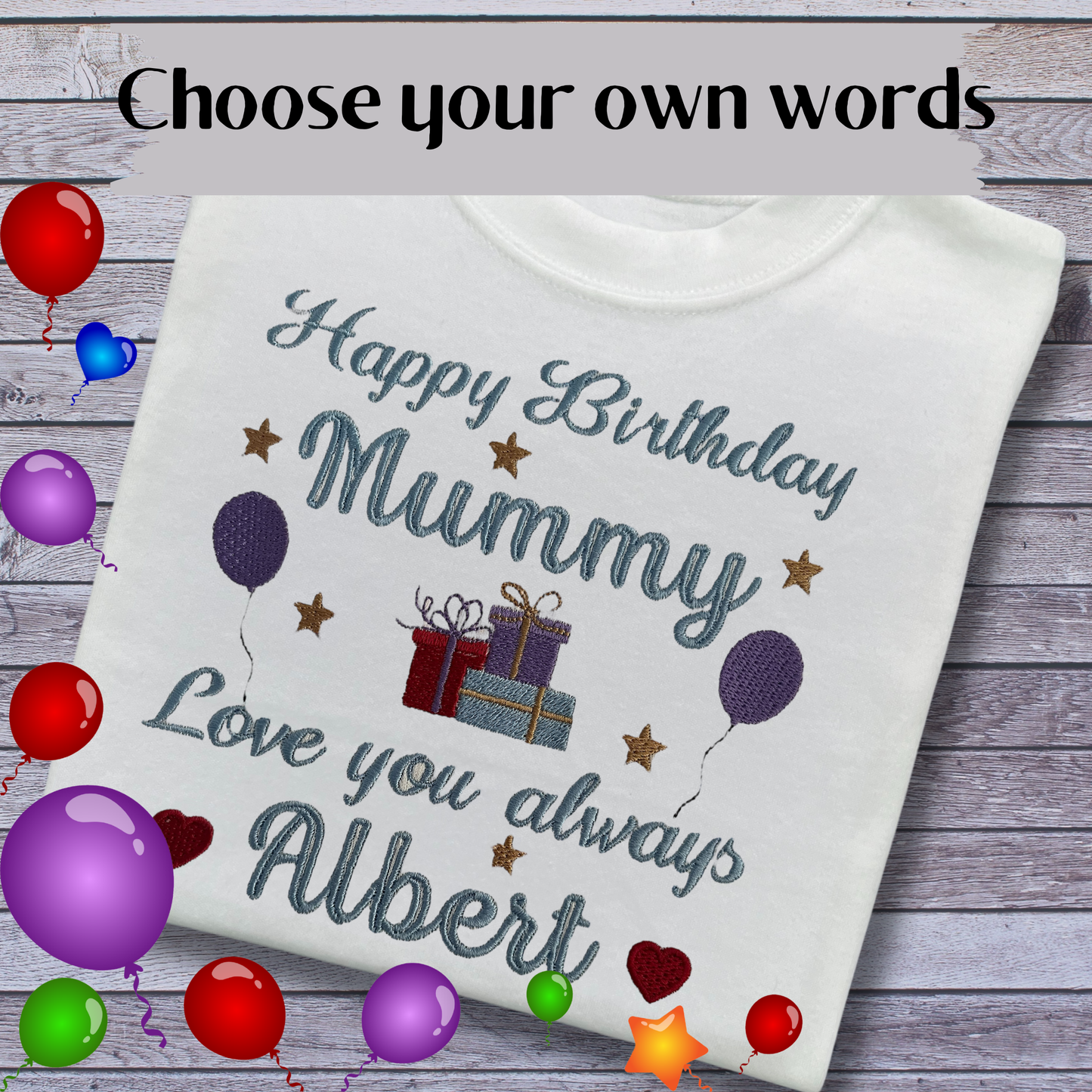 Embroidered Birthday T-Shirt: Personalised Kids Gift for Mummy, Daddy, Nana