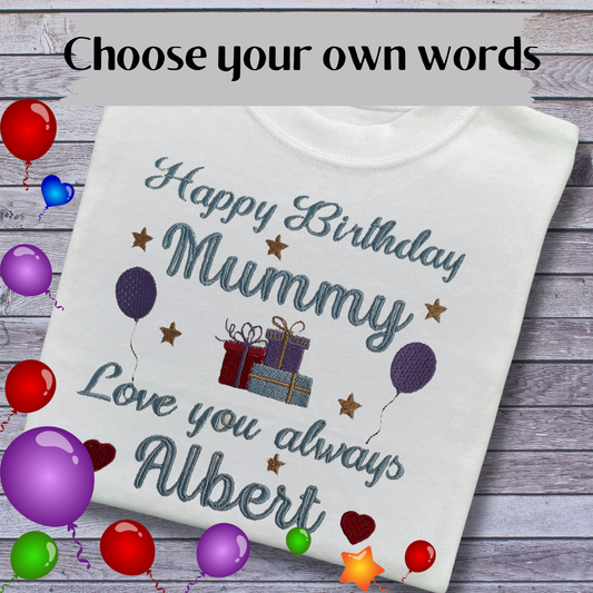 Embroidered Birthday T-Shirt: Personalised Kids Gift for Mummy, Daddy, Nana