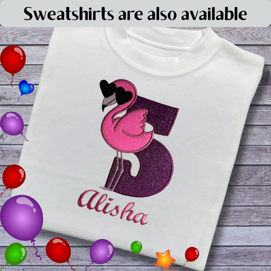 Personalised Embroidered Children's Birthday Top: Flamingo Design