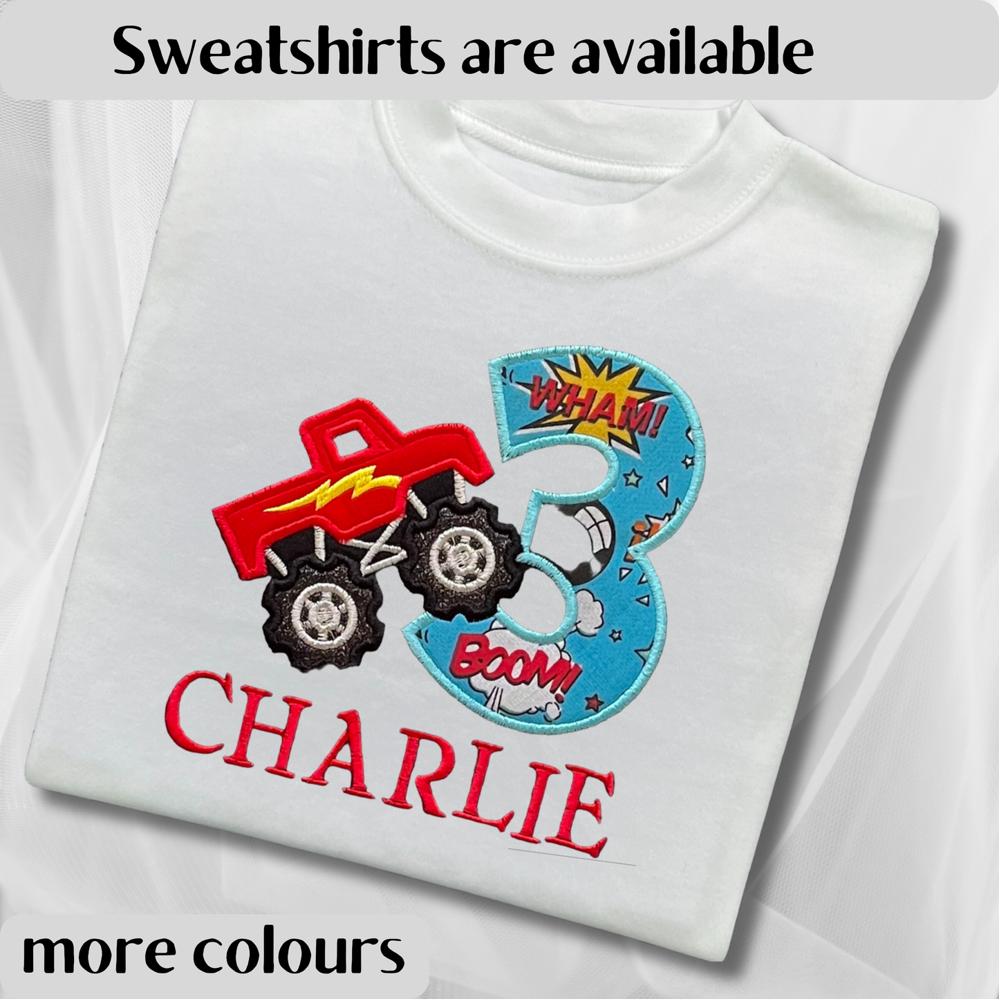 Personalised Embroidered Monster Truck Birthday T-Shirts and Sweatshirts