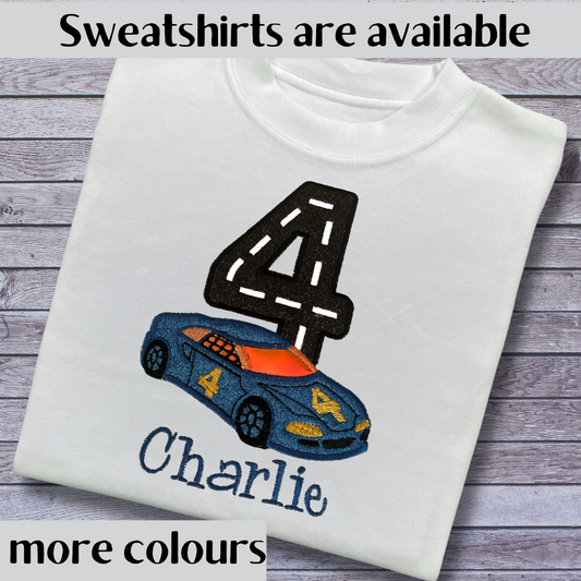 Personalised Embroidered Children's Birthday top: Racing Car Design.
