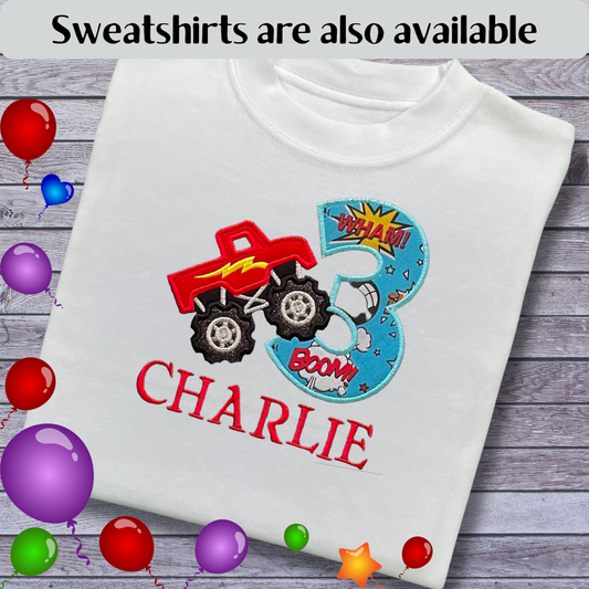 Personalised Embroidered Children's Birthday Top: Monster Truck Design