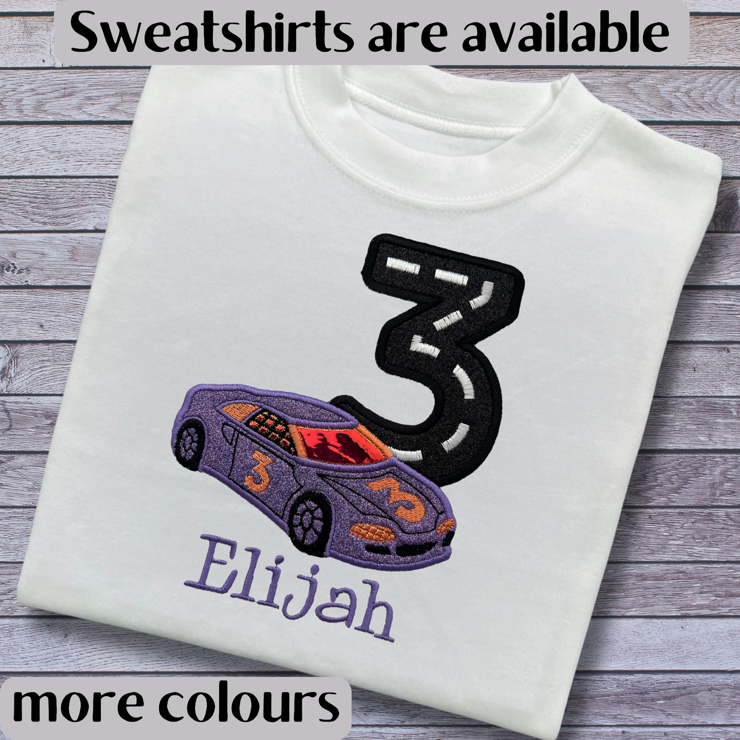 Personalised Embroidered Children's Birthday top: Racing Car Design.