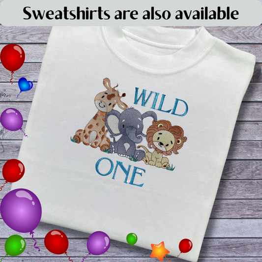 Personalised Embroidered Children's Birthday Top: 'Wild One' Safari Animals Design
