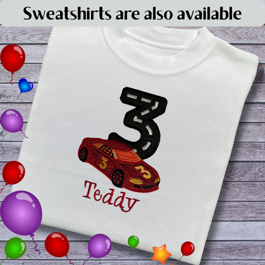 Personalised Embroidered Children's Birthday Top: Racing Car Design