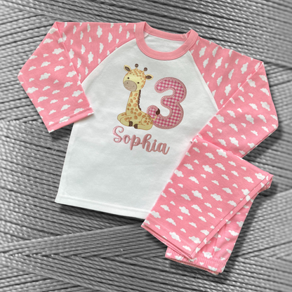 Childrens Personalised Embroidered Birthday Pyjamas 'When I wake up I will be' Embroidered Giraffe Design with the Childs Name and Age