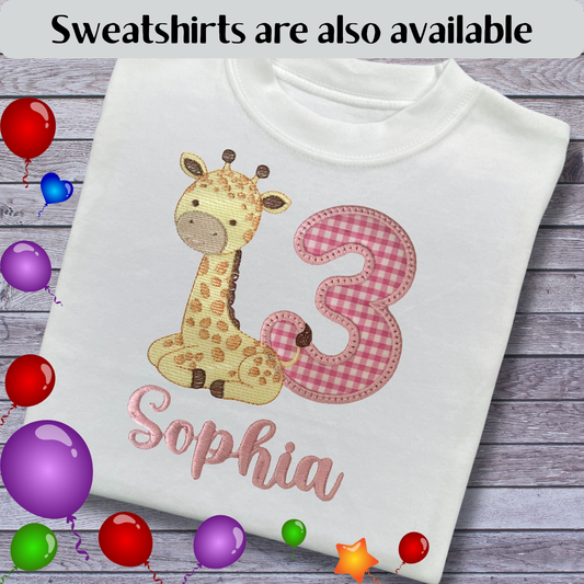 Personalised Embroidered Children's Birthday Top: Giraffe Design