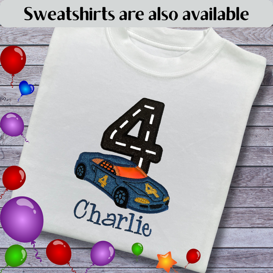 Personalised Embroidered Children's Birthday top: Racing Car Design.