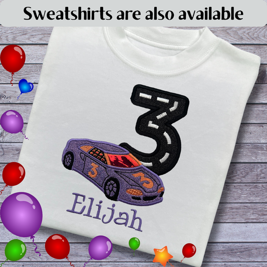 Personalised Embroidered Children's Birthday top: Racing Car Design