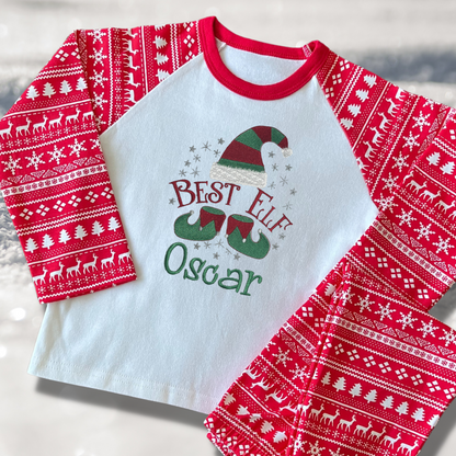 Personalised Embroidered Christmas Childrens Pyjamas and Rompersuits with a Cute 'Best Elf' Christmas Design